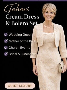 Tahari Cream Jacquard Dress & Bolero Jacket Wedding Guest Mother of Bride Sz 2